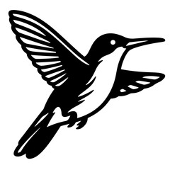 A black and white illustration of a hummingbird in flight.