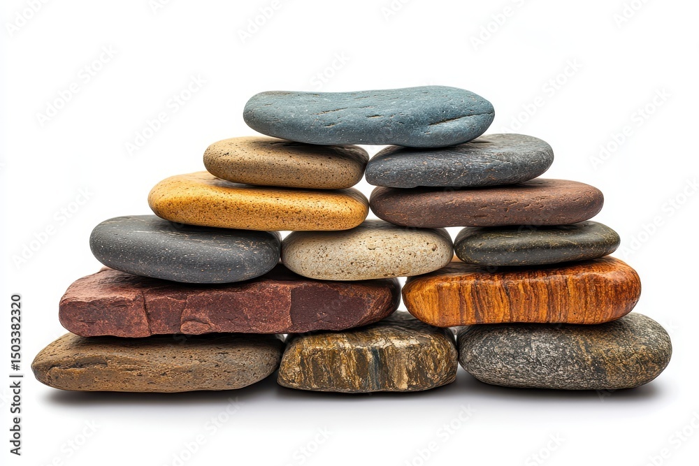 Poster Smooth stones stacked harmoniously on a minimalist shelf in a serene indoor setting during daylight hours