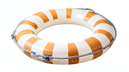 Orange and White Striped Inflatable Life Ring Isolated on White Background, Summer, Pool Float