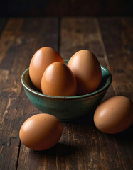 Three brown eggs in a small green ceramic bowl on a dark wooden surface