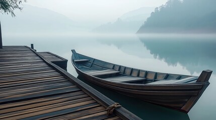 Obraz premium A quiet wooden boat rests beside a weathered dock on a misty lake. Stillness and serenity echo across the soft blue landscape, evoking peace and reflection...