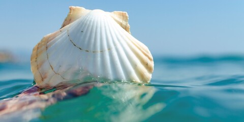 Hand holding the shell of a scallop in the sea. Torremolinos, Málaga, Costa de Sol, Andalucia,...