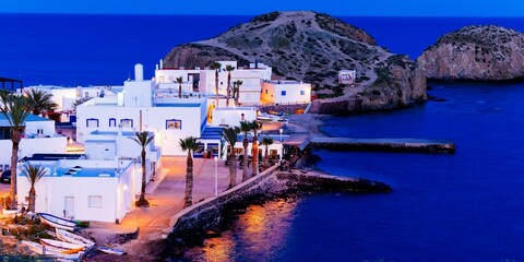 Isleta del Moro at dusk. La Isleta del Moro, also called La Isleta del Moro Arráez or La Isleta, is a fishing village. Isleta del Moro, Níjar, Almería, Andalucía, Spain, Europe