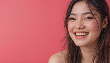 Close-Up of a Happy Woman Against Pink Background with Copy Space – Joyful Expression and Minimal Aesthetic