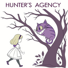 A whimsical illustration featuring a curious girl encountering a mischievous, grinning cat within a stylized landscape. Perfect for creative projects, stories, or children's content.