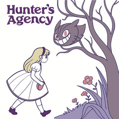 A whimsical illustration featuring a curious girl encountering a mischievous, grinning cat within a stylized landscape. Perfect for creative projects, stories, or children's content.