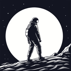 A striking monochrome illustration of an astronaut exploring a lunar landscape under a massive moon. Perfect for space-themed designs, educational materials, or science fiction projects.