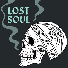 An artistic illustration of a skull adorned with tribal patterns. The phrase 