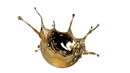 Golden liquid splashing and making a crown shape on transparent background