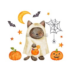Cute kitten dressed as a ghost watercolor illustration. Cartoon Halloween cat character. Trick or treat, pumpkin,spooky greeting card. Hand drawn adorable Halloween illustration.