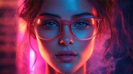 Close-up portrait of a woman with glasses, vibrant lighting