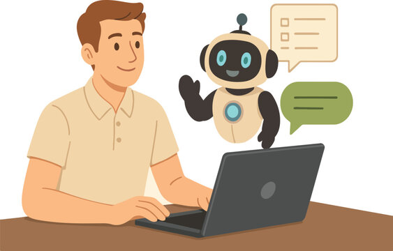 man using laptop with robot assistant clip art preview