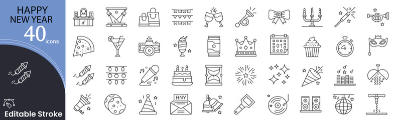 New Year related icons set. Including fireworks, celebration, calendar, countdown, party, confetti, and 1st January. Editable stroke. outline icons.