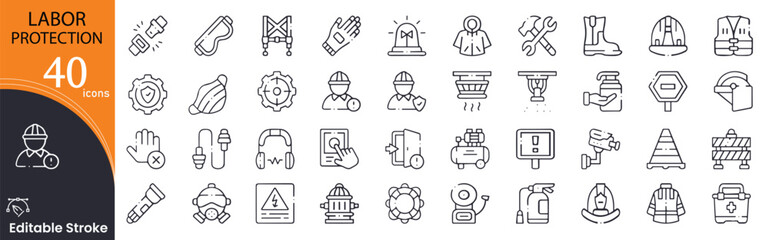 Labor protection related icons set. Including worker, gloves, helmet, safety gear, rights, rules, and prevention. Editable stroke. outline icons.