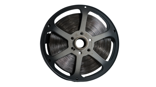 Vintage film reel with magnetic audio tape on transparent background