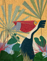 Mosaic art composition with pelican and fish. Vector background