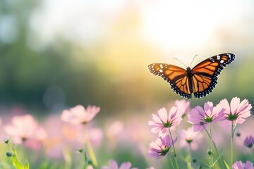Obraz premium Monarch butterfly soars among cosmos flowers, bathed in golden sunlight