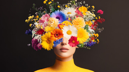 vibrant portrait of woman with floral hair, modern art for magazines, artistic fashion & branding design, vibrant woman's portrait on black background, bold art illustration, art print & wall decor