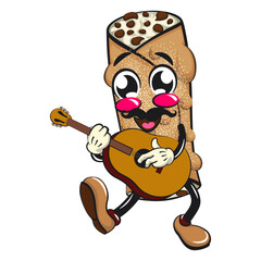 cute cannoli vektor illustration mascot character with moustache playing guitar, work of hand drawn