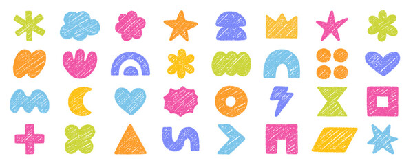 Abstract geometric shapes and forms, chalk pencil doodle set. Crayon modern figures, brush crown, star, heart in sketch style. Hand drawn vector illustration isolated on white background