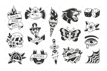 Perfect Old school traditional tattoo collection for stickers and apparel print design. Traditional tattoo symbols and old school elements set of panter head, anchor, torch, butterfly, lucky horseshoe