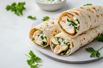 Three chicken wraps with creamy sauce and herbs