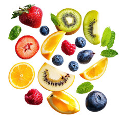 Floating assorted fresh fruit, Colorful fresh fruits, including kiwi, pineapple, and cherries, arranged in a floating composition against a neutral backdrop, isolated on transparent background