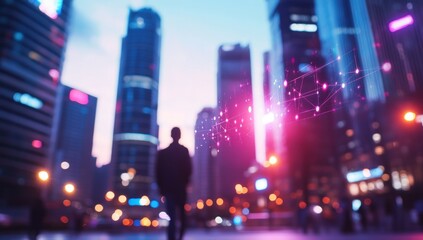 Cityscape at night with digital network overlay