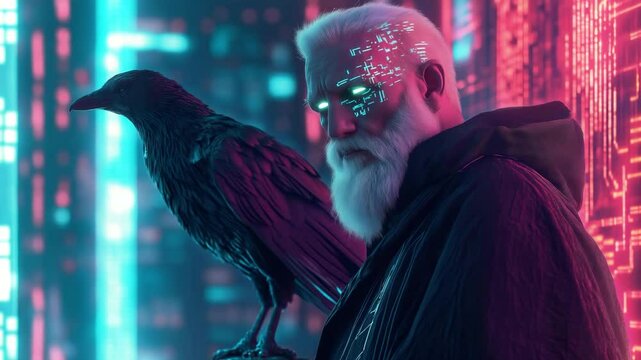 Futuristic cyberpunk elder with glowing eyes and raven on neon city rooftop, sci-fi animation loop in vivid magenta and cyan tones with center copy space, ideal for gaming intros, tech branding, or dy