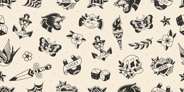 Old school tattoo pattern for apparel print design. Traditional tattoo background of Old School symbols, elements set of panther head, anchor, torch, butterfly, lucky horseshoe