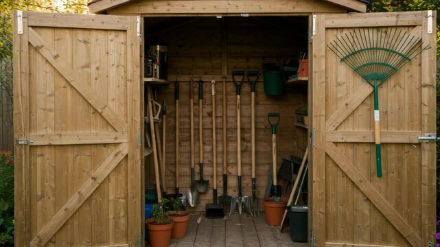 Open wooden garden shed filled with tools in morning sunlight, rustic outdoor video in natural earthy tones with copy space on the left, ideal for spring gardening promos, home improvement ads, and DI