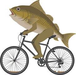 Naklejka premium Funny illustration of a fish riding a bicycle outdoors for leisure or adventure