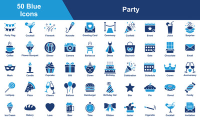 Party Icon Set Collection. Containing Surprise, Firework, Karaoke, Event, Juice, Party Flag, Cocktail, Greeting Card, Dress, Souvenir, Email, Dinner. Simple Blue Vector Illustration.