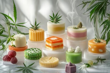 Colorful dessert display featuring various confections inspired by cannabis plants in a creative arrangement
