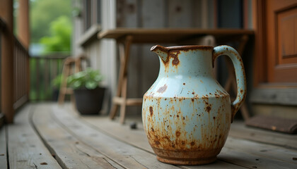 Rustic pitcher sits on wooden porch in an old village setting, conveying peaceful nostalgia