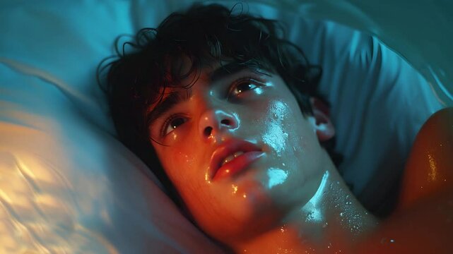 Young man lying in bed, feeling sick and sweating