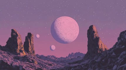 Naklejka premium Alien landscape with large pink moons