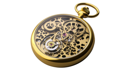 Golden pocket watch showing complex mechanism on transparent background