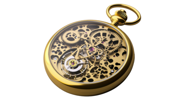 Golden pocket watch showing complex mechanism on transparent background