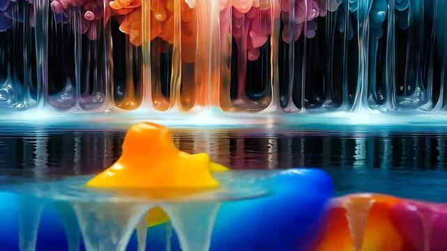 Colorful waterfalls cascading into a pool of liquid
