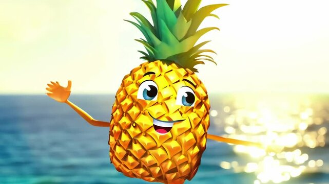 Animated cartoon pineapple character with happy face waving enthusiastically by bright blue ocean shore. The tropical fruit mascot displays continuous cheerful gestures