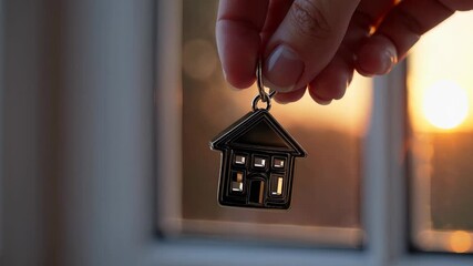 Person is holding a keychain shaped like a house. The house is gold and has a window - Powered by Adobe