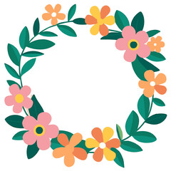 Bright Colorful Round Floral Wreath Frame with Leaves for Greeting or Invitation Design