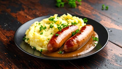 Classic British Bangers and Mash with juicy pork sausages, creamy mashed potatoes, and rich onion gravy, served on a rustic plate with parsley garnish, warm pub-style setting, moody lighting.