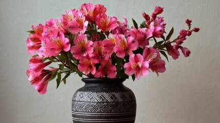 Fototapeta premium Ultra quality image of vibrant Pink Flowers in a Decorative Vase Bringing Joy and Cheer to Any Indoor Space or Floral Arrangement.