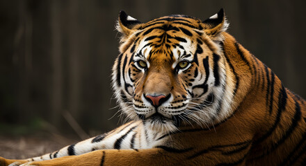 Obraz premium Majestic Bengal Tiger Resting in the Wild with Intense Gaze