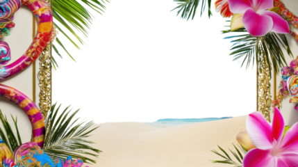 Colorful carnival mask framing a transparent background with beach and tropical flowers