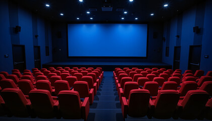 Empty red movie theater seats in cool blue light, cinematic escape