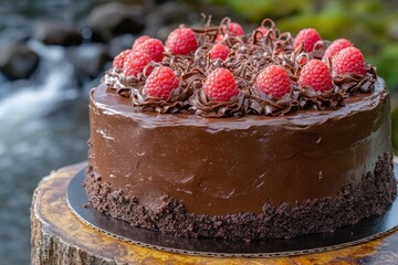Delicious chocolate cake with raspberries