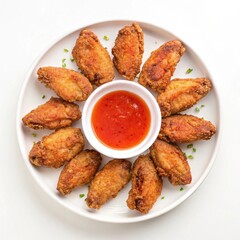 A top view of crispy fried chicken wings arranged around a bowl of red sauce on a white plate